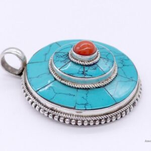 PA184 Pendentif Tibétain Argent Massif Turquoise Corail – Image 3