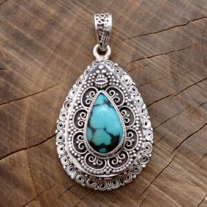 PA423. Pendentif Tibétain Argent Massif Turquoise – Image 1